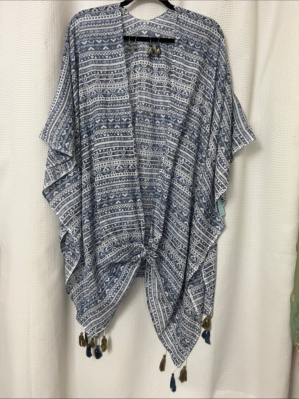 Mother’s Day Gift Set Blue White Tassel Kimono Cover-Up Open Sides 2 pr Earrings